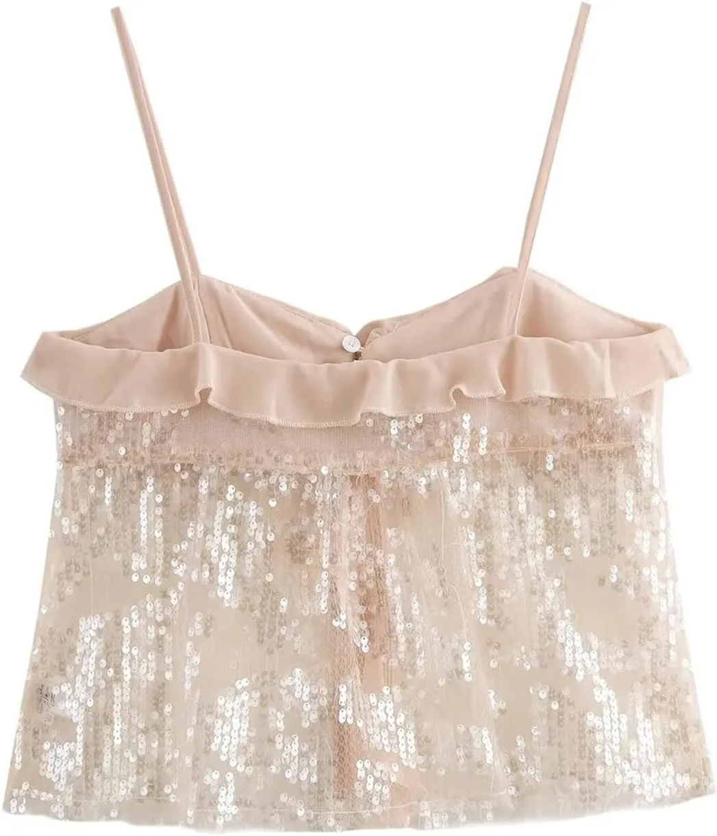 Lunoakvo Women Chic Sequined Pleated Ruffle Tank Top Backless Crop Spaghetti Strap Chiffon Sling Camisole