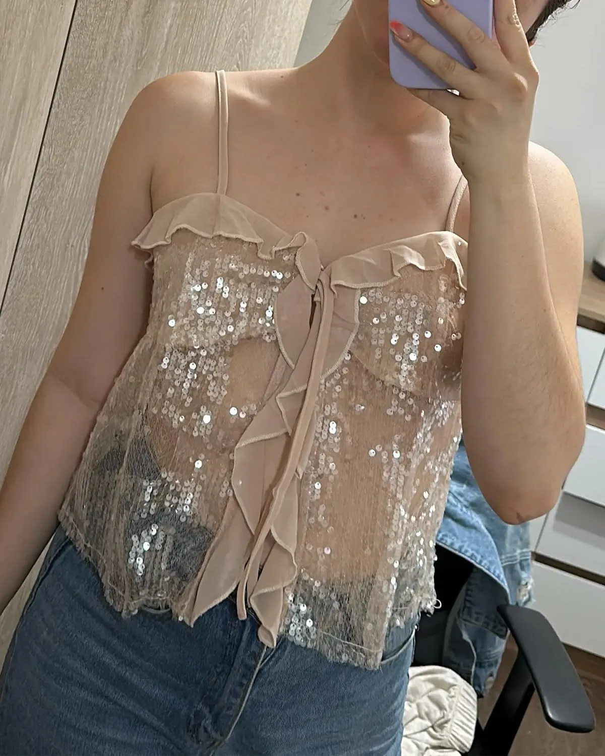 Lunoakvo Women Chic Sequined Pleated Ruffle Tank Top Backless Crop Spaghetti Strap Chiffon Sling Camisole