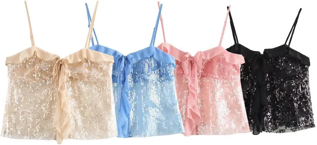 Lunoakvo Women Chic Sequined Pleated Ruffle Tank Top Backless Crop Spaghetti Strap Chiffon Sling Camisole