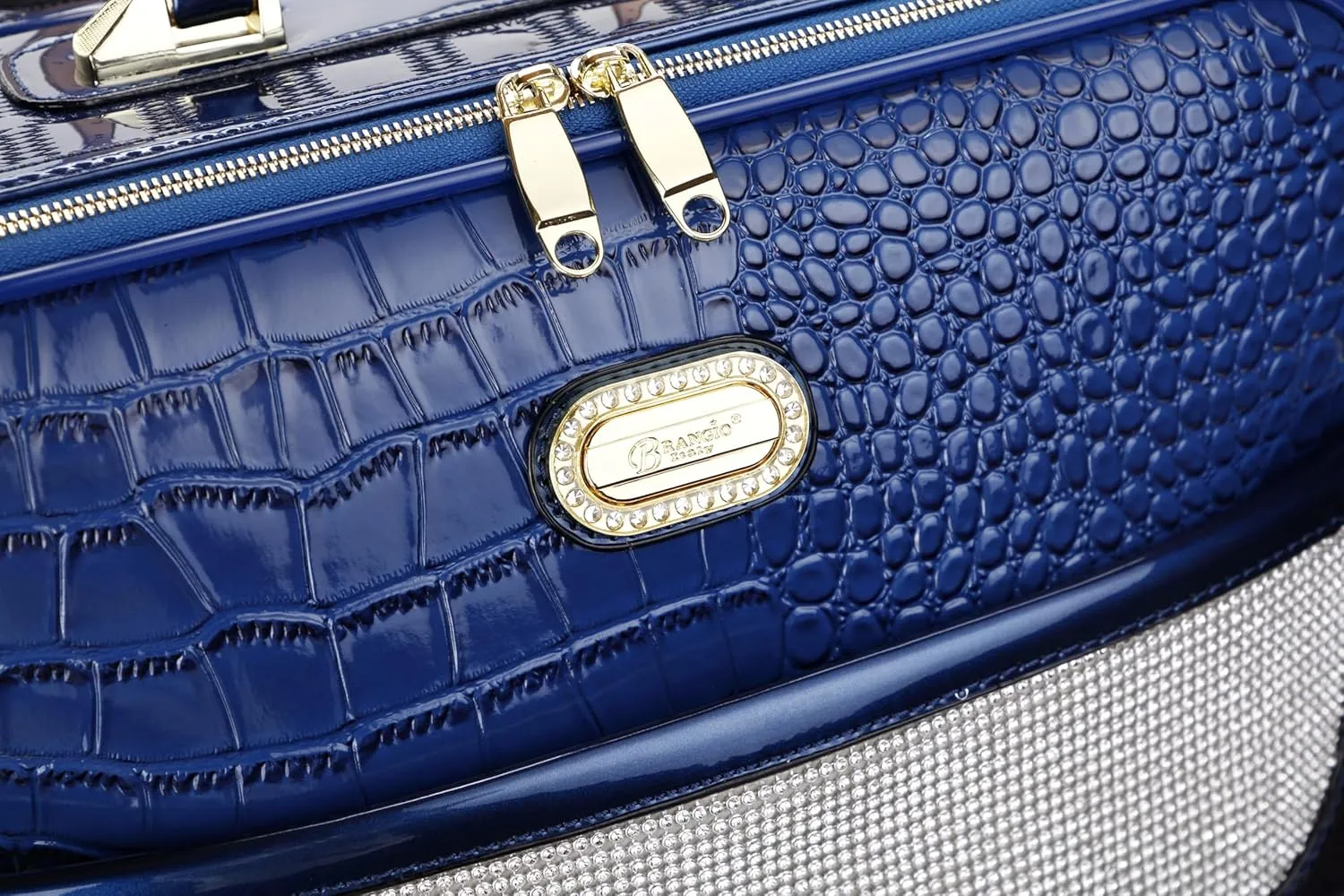 Luxurious Croc-Embossed Carry-on Luggage with Crystal Accents, 15" X 22" X 8" Lightweight Travel Spinner Suitcase (Black)
