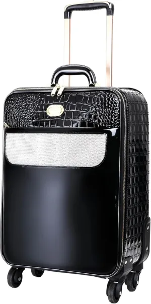 Luxurious Croc-Embossed Carry-on Luggage with Crystal Accents, 15" X 22" X 8" Lightweight Travel Spinner Suitcase (Black)