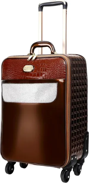 Luxurious Croc-Embossed Carry-on Luggage with Crystal Accents, 15" X 22" X 8" Lightweight Travel Spinner Suitcase (Bronze)