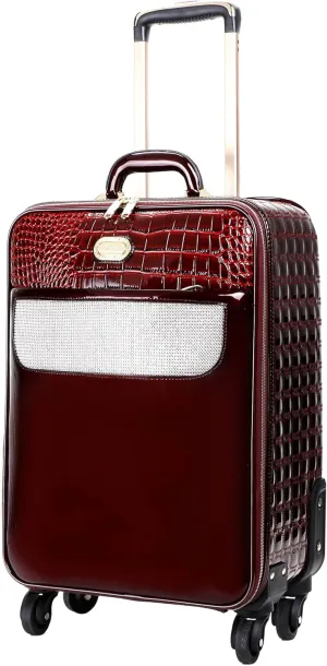 Luxurious Croc-Embossed Carry-on Luggage with Crystal Accents, 15" X 22" X 8" Lightweight Travel Spinner Suitcase (Burgundy)