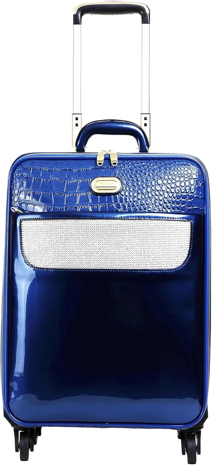 Luxurious Croc-Embossed Carry-on Luggage with Crystal Accents, 15" X 22" X 8" Lightweight Travel Spinner Suitcase (Pewter)