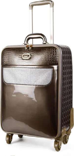 Luxurious Croc-Embossed Carry-on Luggage with Crystal Accents, 15" X 22" X 8" Lightweight Travel Spinner Suitcase (Pewter)