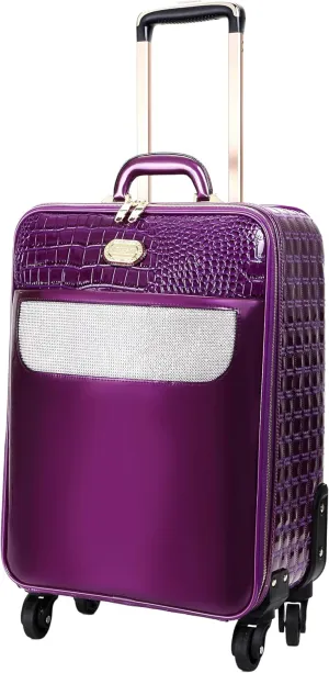 Luxurious Croc-Embossed Carry-on Luggage with Crystal Accents, 15" X 22" X 8" Lightweight Travel Spinner Suitcase (Purple)