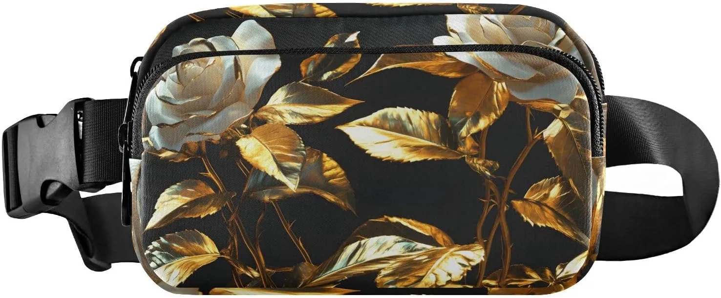 Luxurious White Flowers Fanny Pack Water Resistant Waist Pack Sling Bag Purse for Women Men Travel Hiking