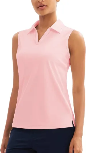 MAGCOMSEN Women's Sleeveless Golf Polo Shirts UPF 50  Tank Tops V-Neck Quick Dry Workout Athletic Tops