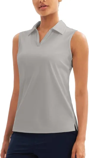 MAGCOMSEN Women's Sleeveless Golf Polo Shirts UPF 50  Tank Tops V-Neck Quick Dry Workout Athletic Tops