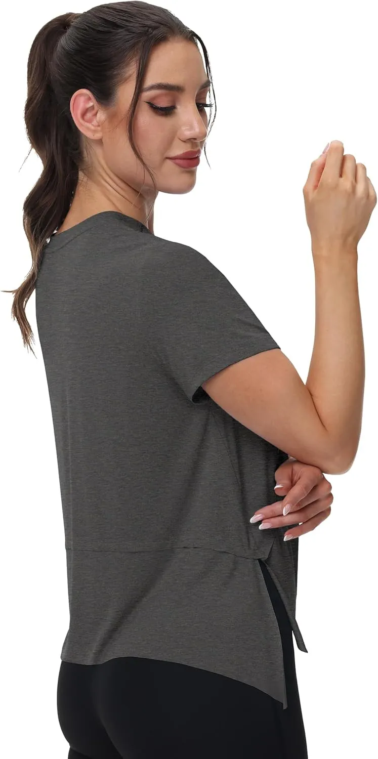 MAGCOMSEN Workout Top for Women Short Sleeve Athletic Yoga Crop Shirts Flowy Side Slit Loose Fit Tee Gym Yoga