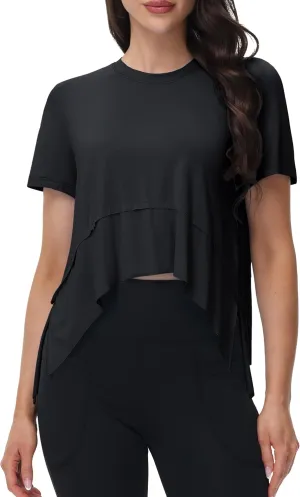 MAGCOMSEN Workout Top for Women Short Sleeve Athletic Yoga Crop Shirts Flowy Side Slit Loose Fit Tee Gym Yoga