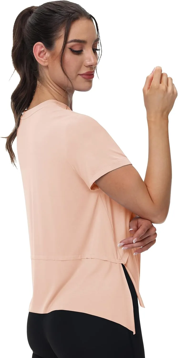 MAGCOMSEN Workout Top for Women Short Sleeve Athletic Yoga Crop Shirts Flowy Side Slit Loose Fit Tee Gym Yoga