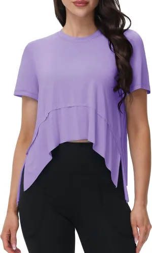 MAGCOMSEN Workout Top for Women Short Sleeve Athletic Yoga Crop Shirts Flowy Side Slit Loose Fit Tee Gym Yoga