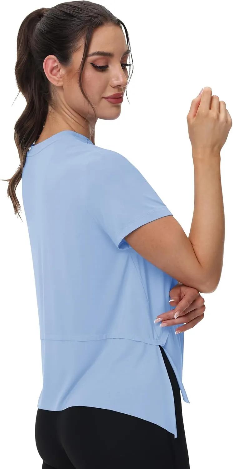 MAGCOMSEN Workout Top for Women Short Sleeve Athletic Yoga Crop Shirts Flowy Side Slit Loose Fit Tee Gym Yoga