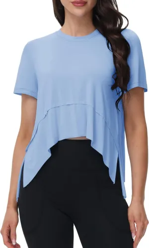 MAGCOMSEN Workout Top for Women Short Sleeve Athletic Yoga Crop Shirts Flowy Side Slit Loose Fit Tee Gym Yoga