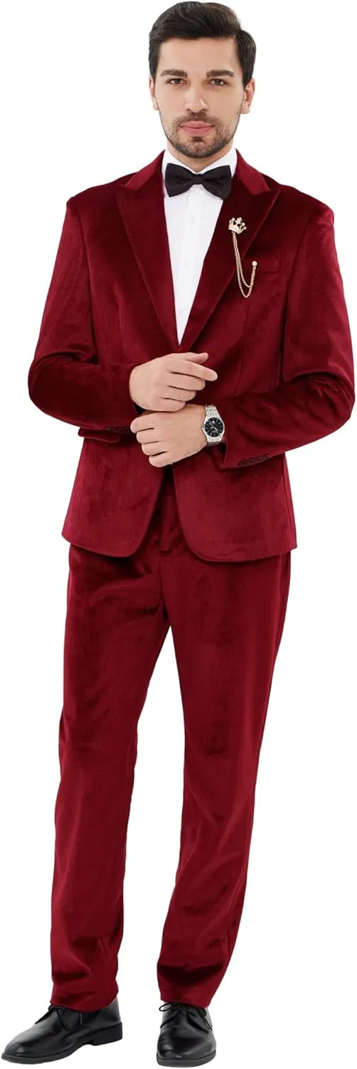 MAGE MALE Men's 2 Piece Velvet Suit One Button Tuxedo Slim Fit Luxurious Blazer Party Dinner Jacket & Pants