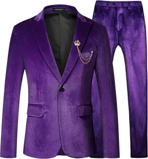 MAGE MALE Men's 2 Piece Velvet Suit One Button Tuxedo Slim Fit Luxurious Blazer Party Dinner Jacket & Pants