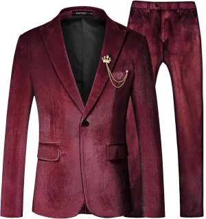 MAGE MALE Men's 2 Piece Velvet Suit One Button Tuxedo Slim Fit Luxurious Blazer Party Dinner Jacket & Pants