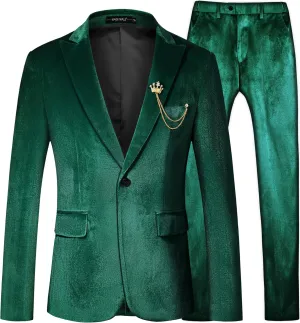 MAGE MALE Men's 2 Piece Velvet Suit One Button Tuxedo Slim Fit Luxurious Blazer Party Dinner Jacket & Pants