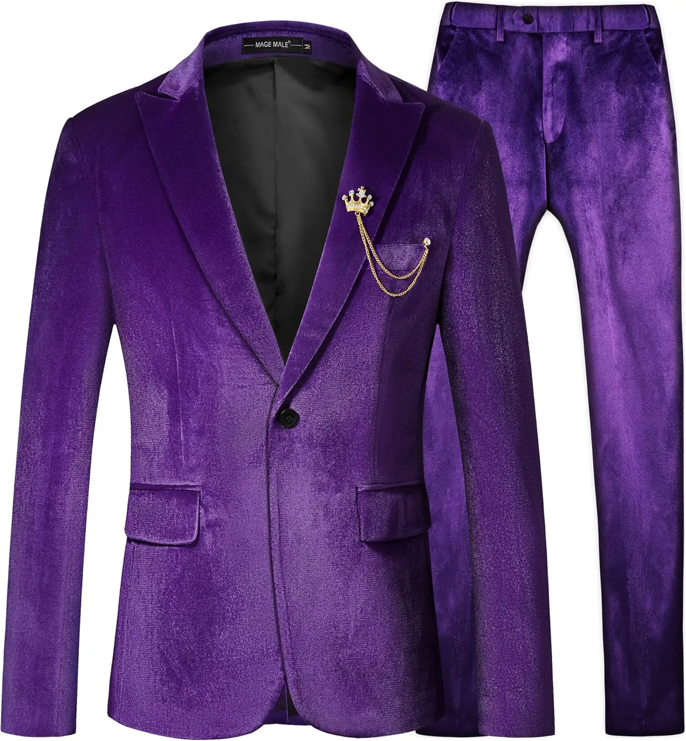 MAGE MALE Men's 2 Piece Velvet Suit One Button Tuxedo Slim Fit Luxurious Blazer Party Dinner Jacket & Pants