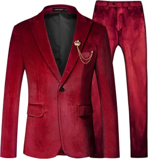 MAGE MALE Men's 2 Piece Velvet Suit One Button Tuxedo Slim Fit Luxurious Blazer Party Dinner Jacket & Pants