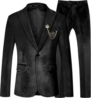 MAGE MALE Men's 2 Piece Velvet Suit One Button Tuxedo Slim Fit Luxurious Blazer Party Dinner Jacket & Pants