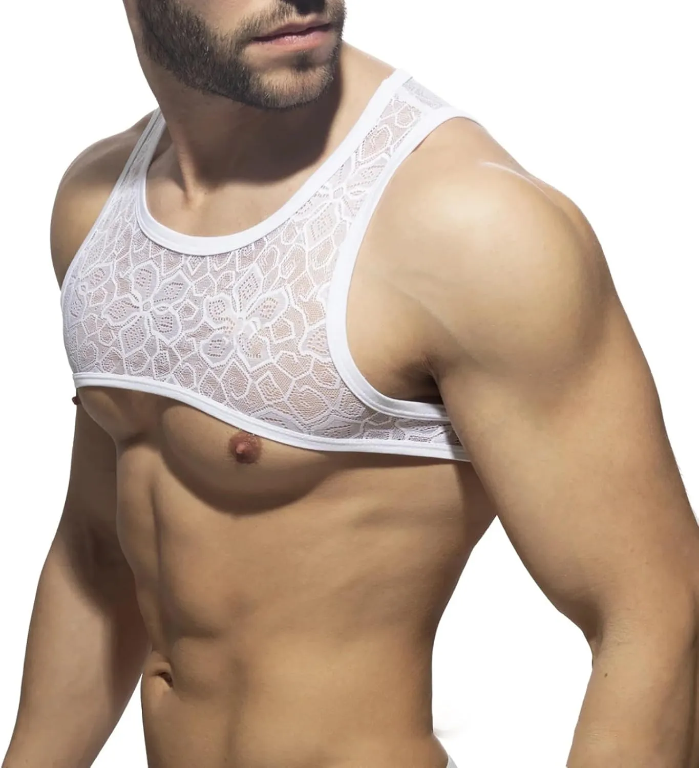 Male Mesh Floral Design Tops Sexy Short Nightclub Performance Short Sleeve T Shirt Mens Valentines Day Underwear