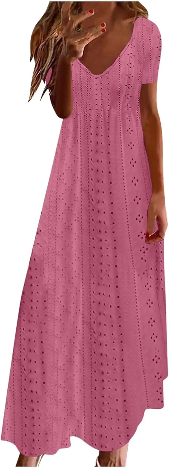 Maxi Long Dresses for Women 2025 Trendy Sleeveless Eyelet Cami Dress Casual Summer Beach Swing Vacation Sundress