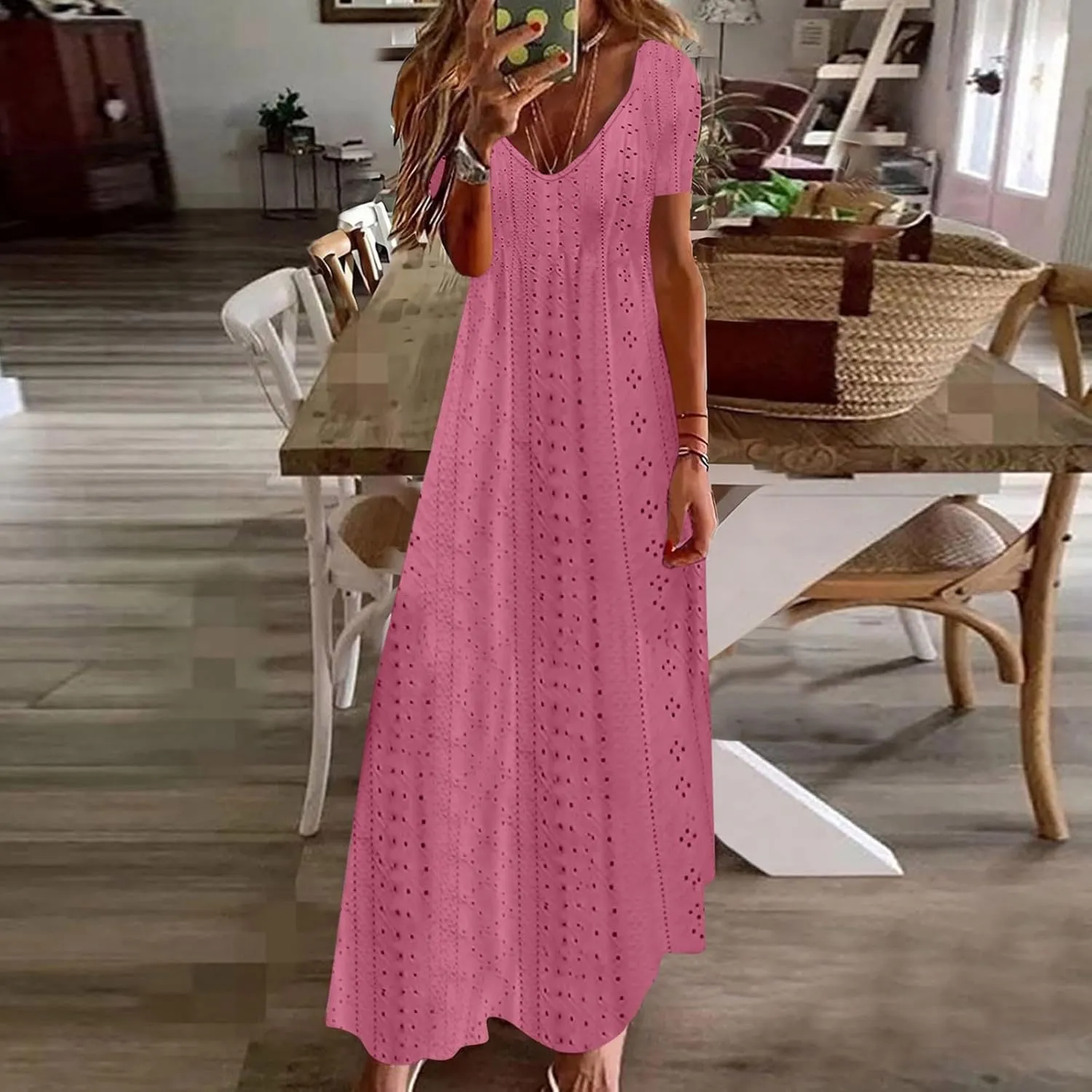 Maxi Long Dresses for Women 2025 Trendy Sleeveless Eyelet Cami Dress Casual Summer Beach Swing Vacation Sundress