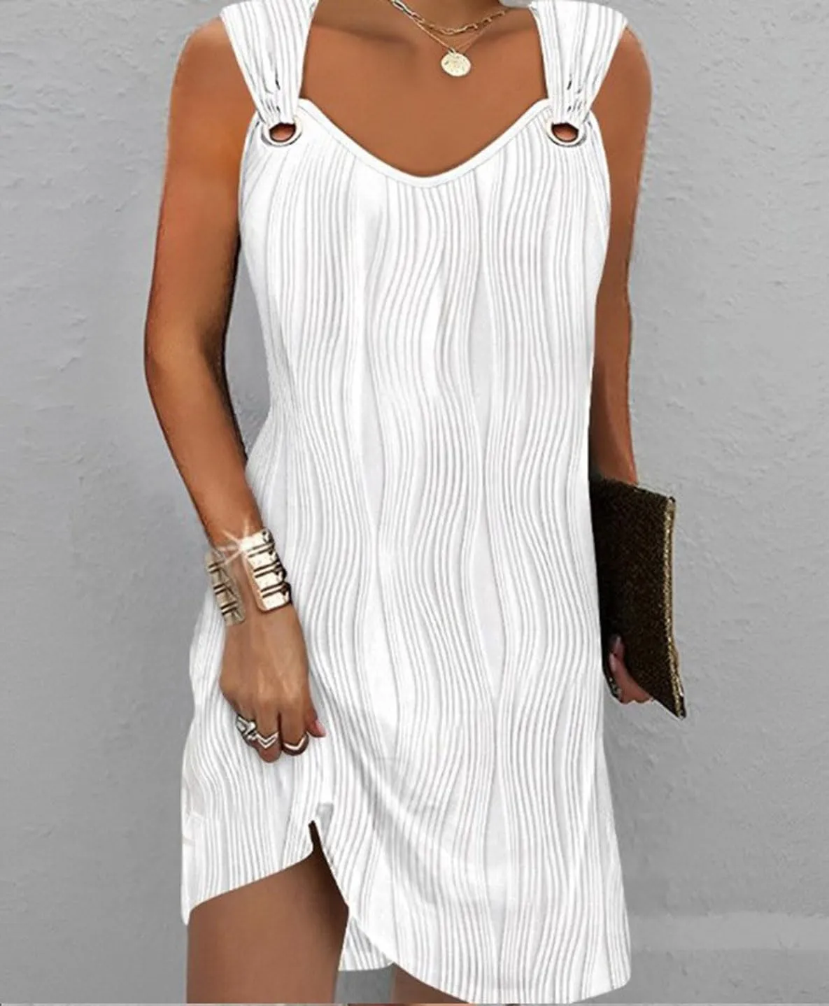 Melliflo Womens Summer Tank Dress Casual Beach Dresses V Neck Sleeveless Short Sundresses Solid Color Textured Dress