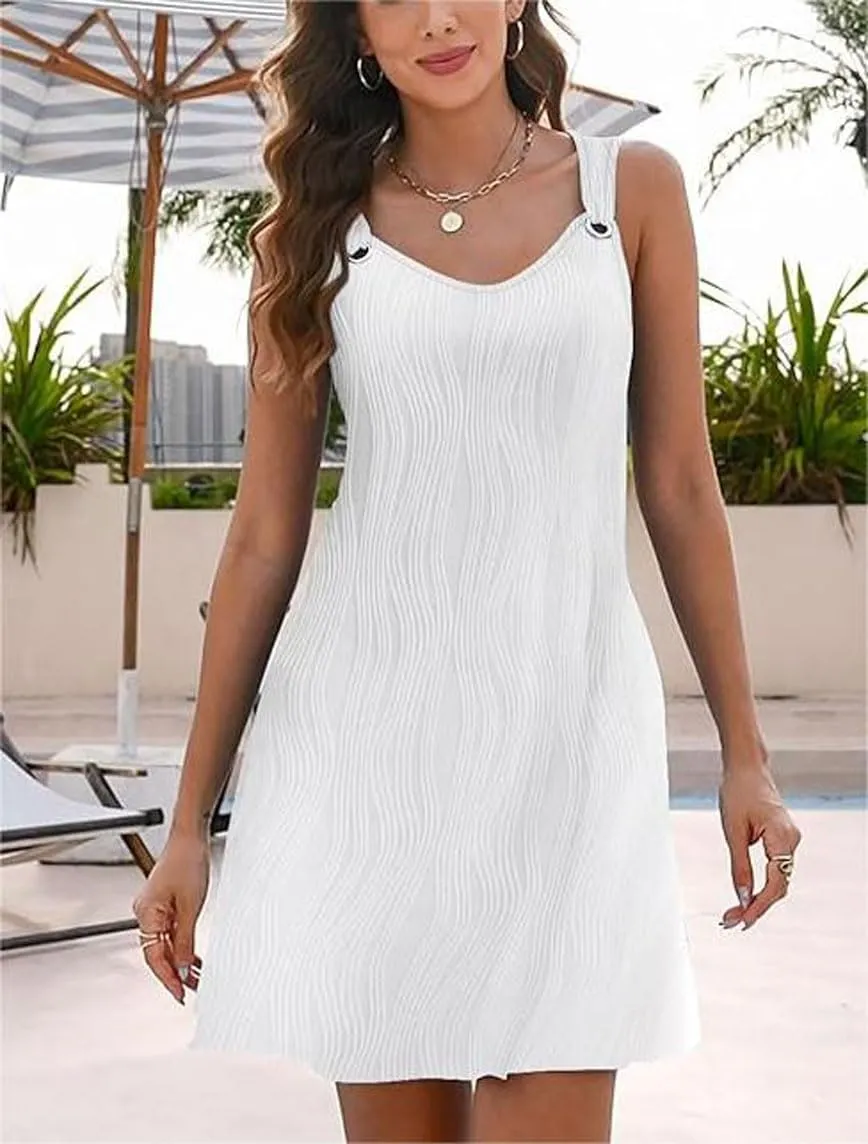 Melliflo Womens Summer Tank Dress Casual Beach Dresses V Neck Sleeveless Short Sundresses Solid Color Textured Dress