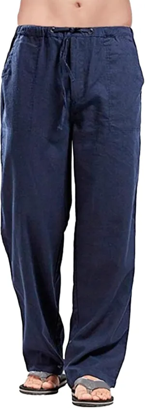 Men's Baggy Cotton Linen Summer Pants Drawstring Solid Beach Trousers Straight Leg Casual Outdoor Sweatpants