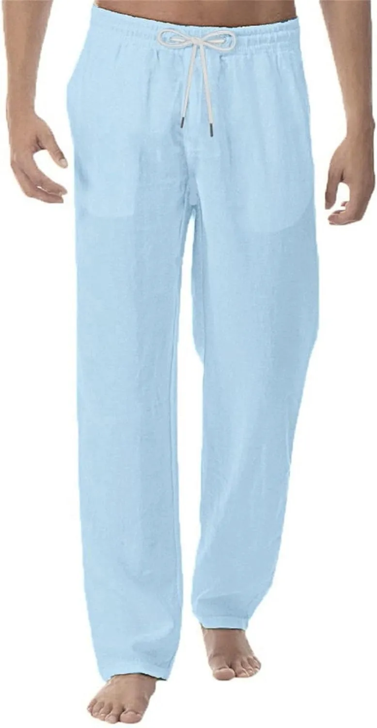 Men's Cotton Linen Drawstring Outdoor Pants Elastic Waist Solid Summer Trousers Baggy Basic Casual Sweatpants