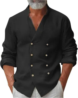 Mens Double-Breasted Shirts Linen Casual Fashion Button Down Shirts Long Sleeve Soft Stretch Collar Fall Tops