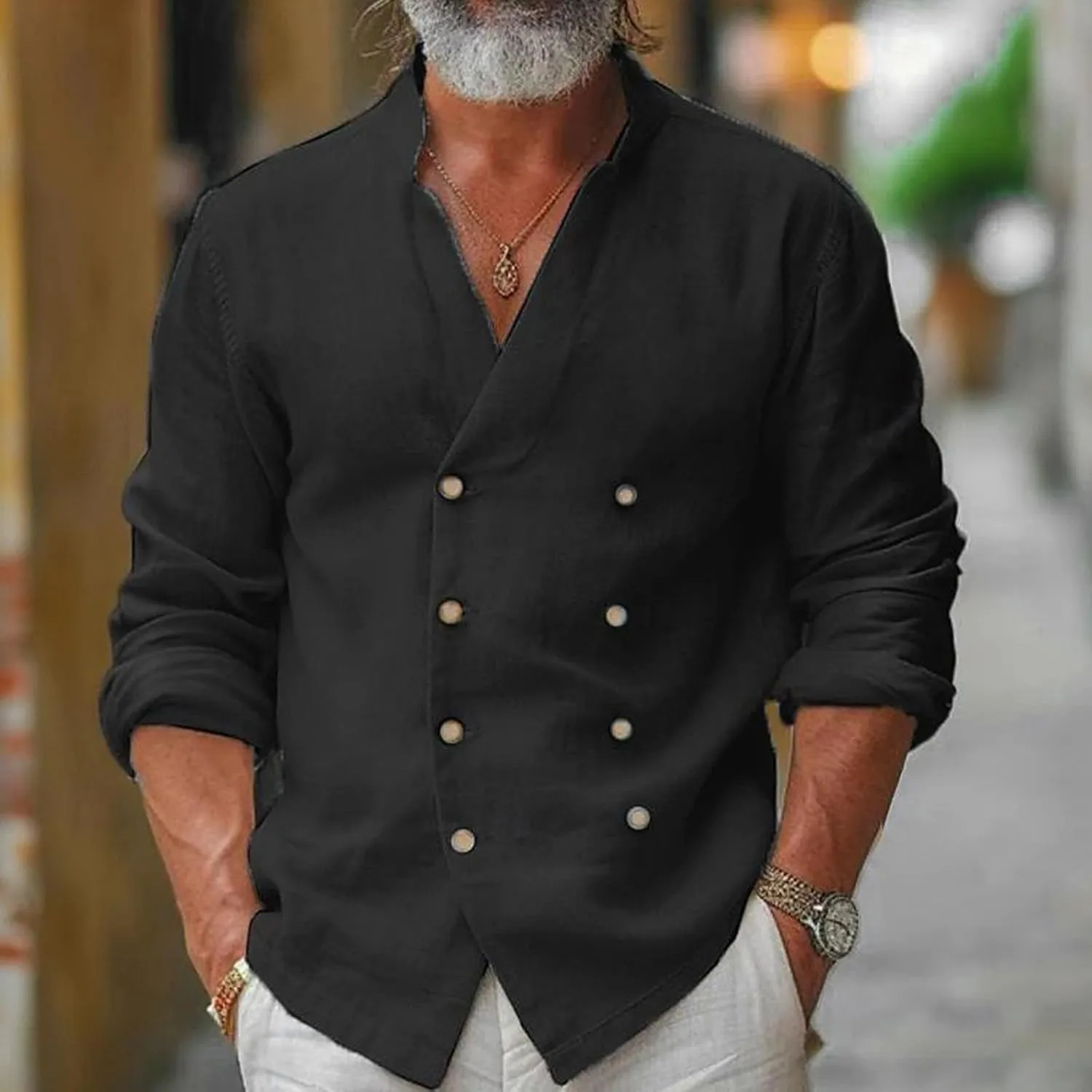 Mens Double-Breasted Shirts Linen Casual Fashion Button Down Shirts Long Sleeve Soft Stretch Collar Fall Tops