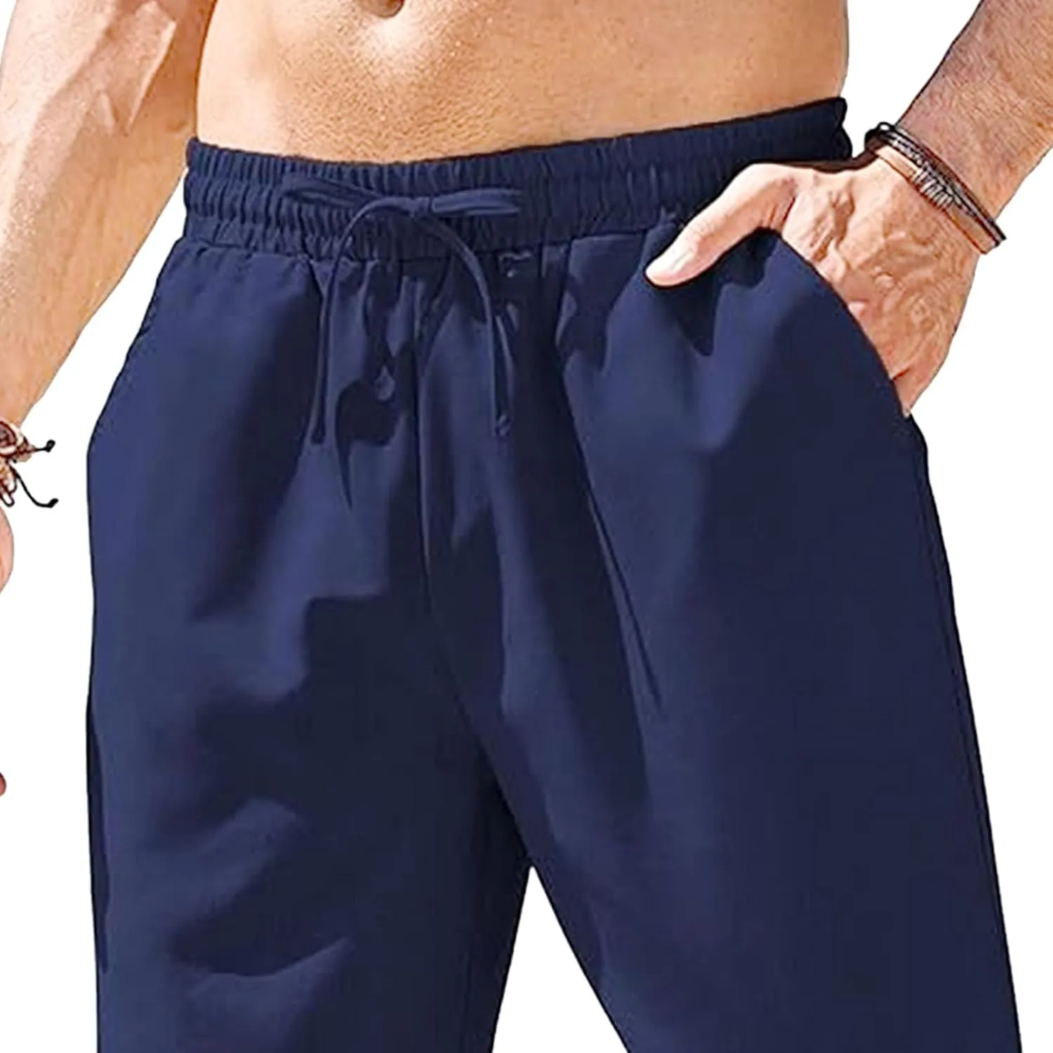 Men's Drawstring Baggy Outdoor Pants Elastic Waist Solid Summer Trousers Cotton Linen Comfort Sweatpants