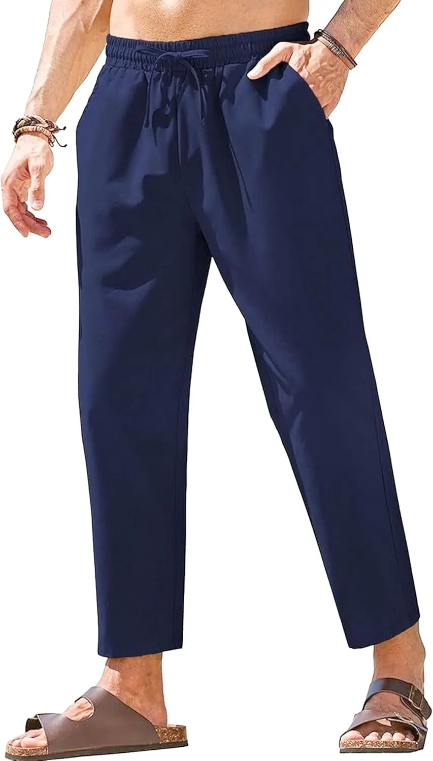 Men's Drawstring Baggy Outdoor Pants Elastic Waist Solid Summer Trousers Cotton Linen Comfort Sweatpants