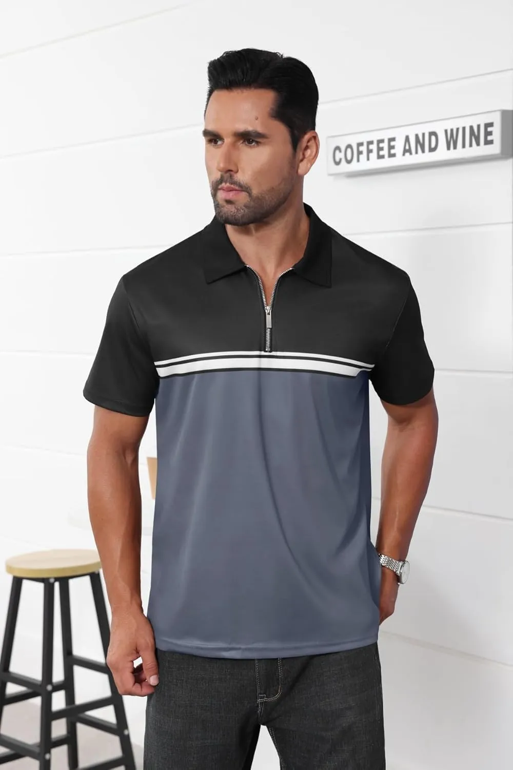 Mens Fashion Color Block Polo Shirts Casual Short Sleeve T Shirt Striped Moisture Wicking Golf Shirts Tops