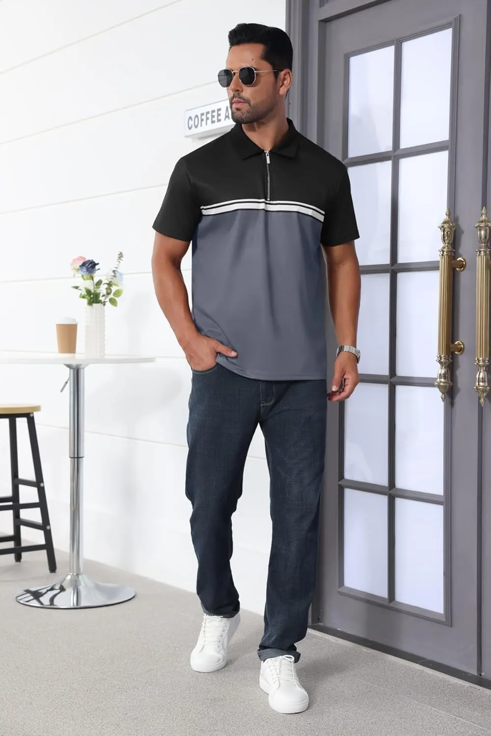 Mens Fashion Color Block Polo Shirts Casual Short Sleeve T Shirt Striped Moisture Wicking Golf Shirts Tops