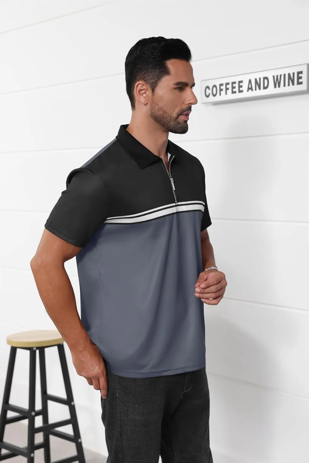 Mens Fashion Color Block Polo Shirts Casual Short Sleeve T Shirt Striped Moisture Wicking Golf Shirts Tops