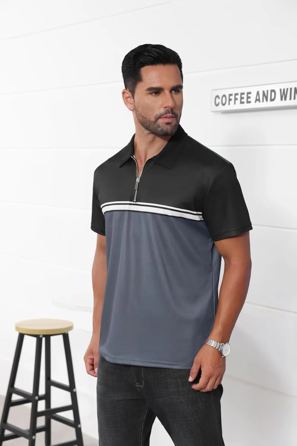 Mens Fashion Color Block Polo Shirts Casual Short Sleeve T Shirt Striped Moisture Wicking Golf Shirts Tops