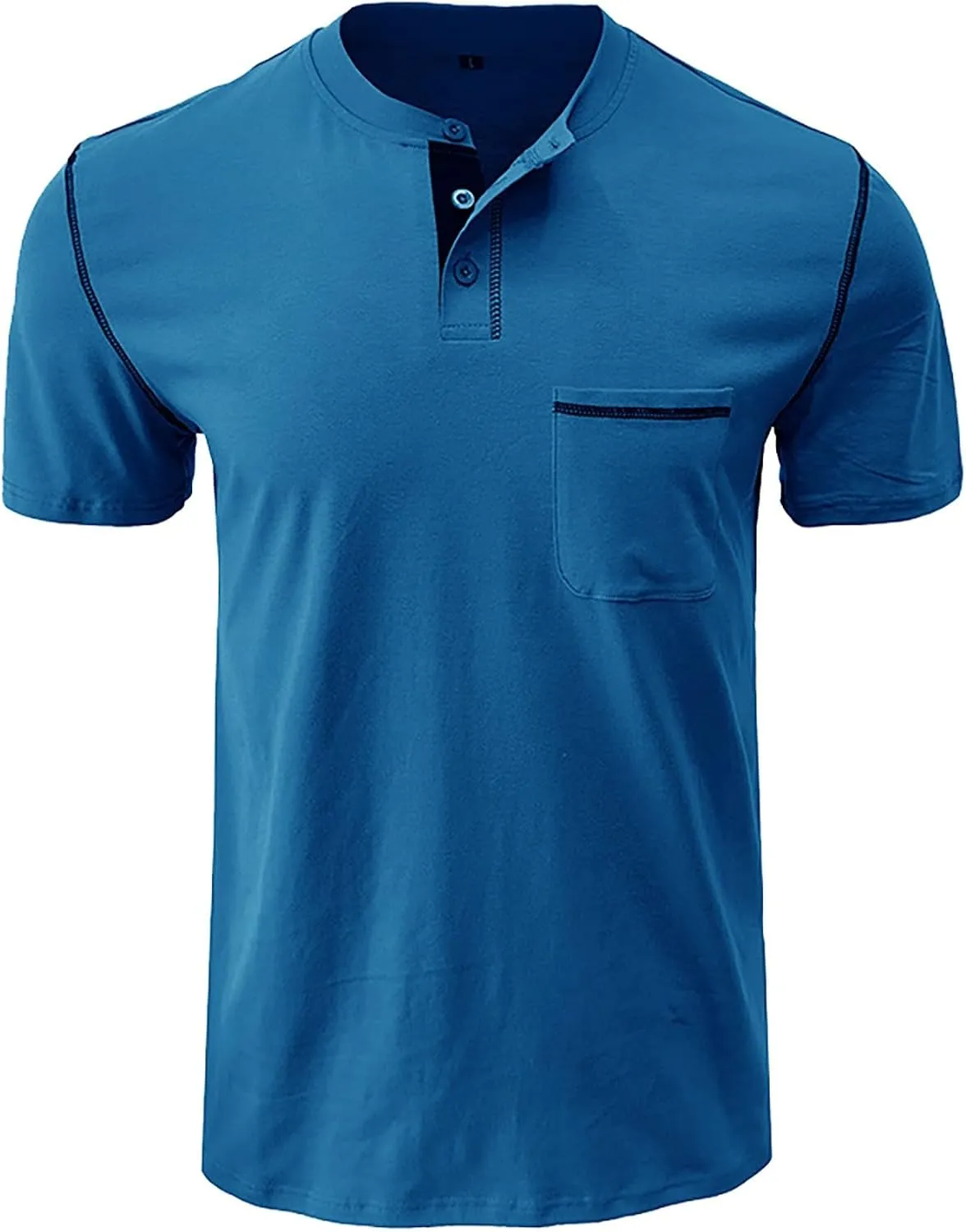 Mens Henley Tops Short Sleeve Basic Stand Collar Button-Down T-Shirt with Pockets Solid Color Shirts