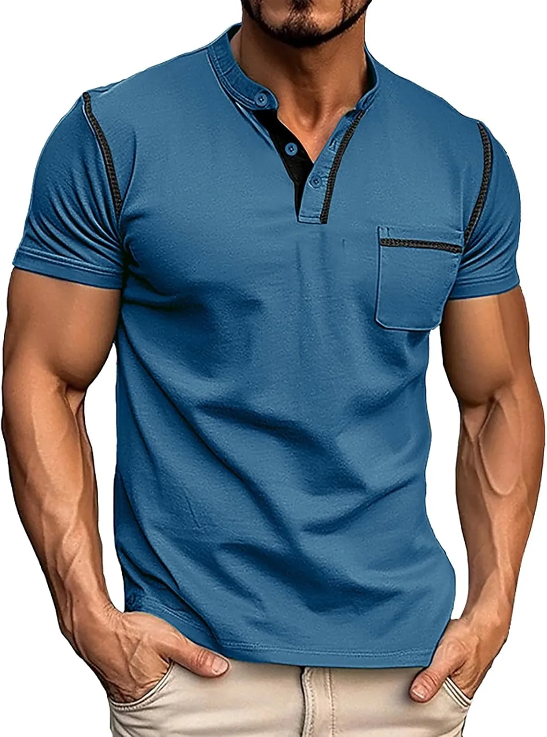 Mens Henley Tops Short Sleeve Basic Stand Collar Button-Down T-Shirt with Pockets Solid Color Shirts
