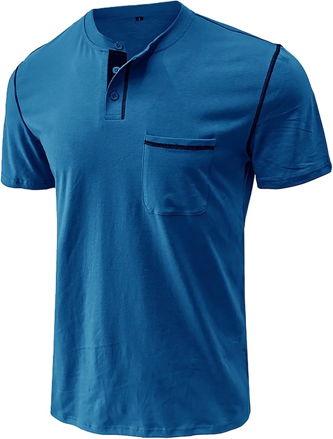 Mens Henley Tops Short Sleeve Basic Stand Collar Button-Down T-Shirt with Pockets Solid Color Shirts