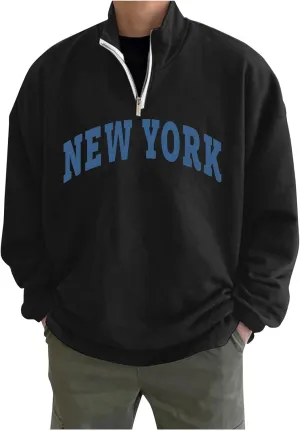 Men's Letter Graphic Print Pullover Crewneck New York Sweatshirt Casual Long Sleeve Tops Oversized Streetwear