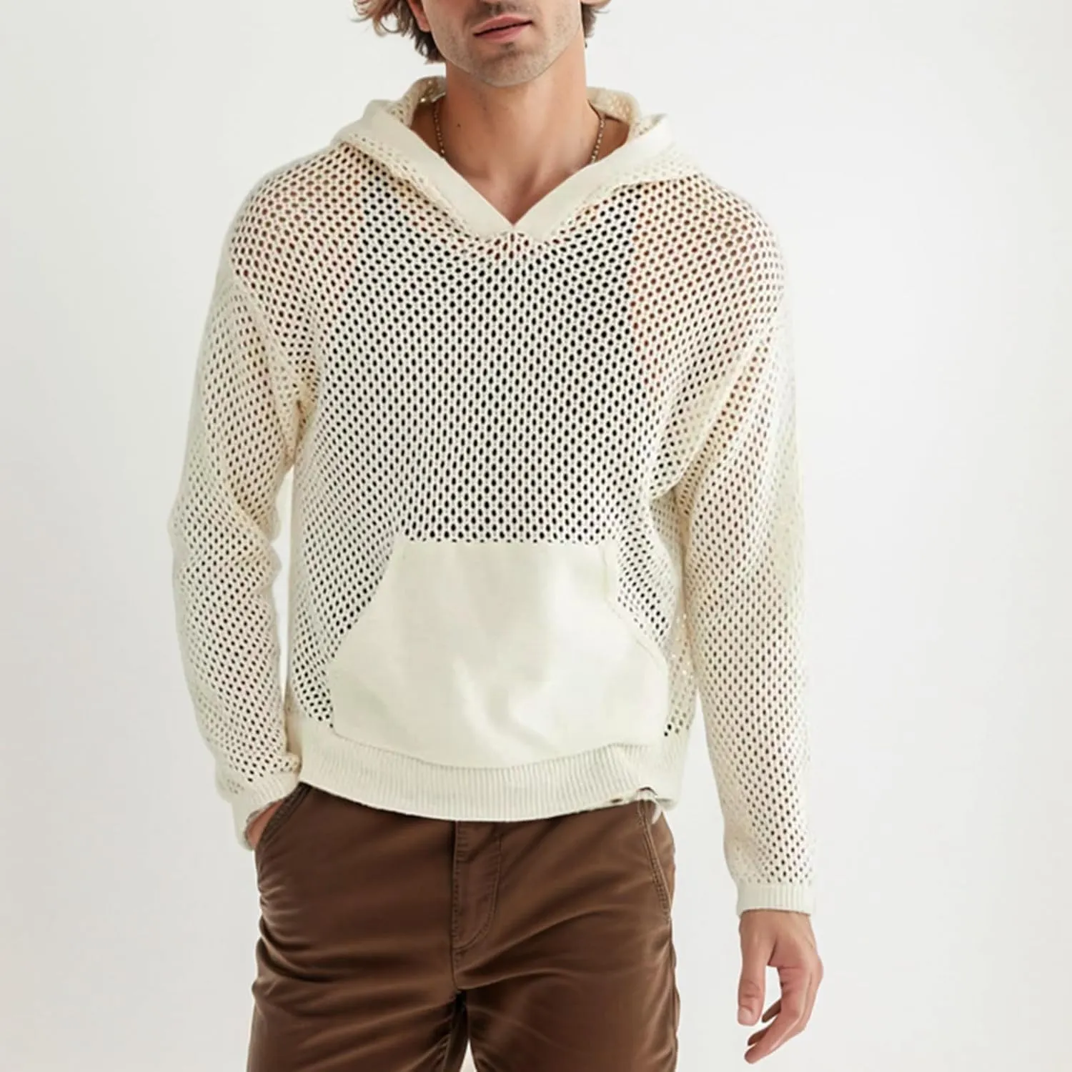 Men's Long Sleeved T Shirt Base Shirt Fashion Men Hollow Loose Casual Large Size Men Hooded Hoodie Brief Pack