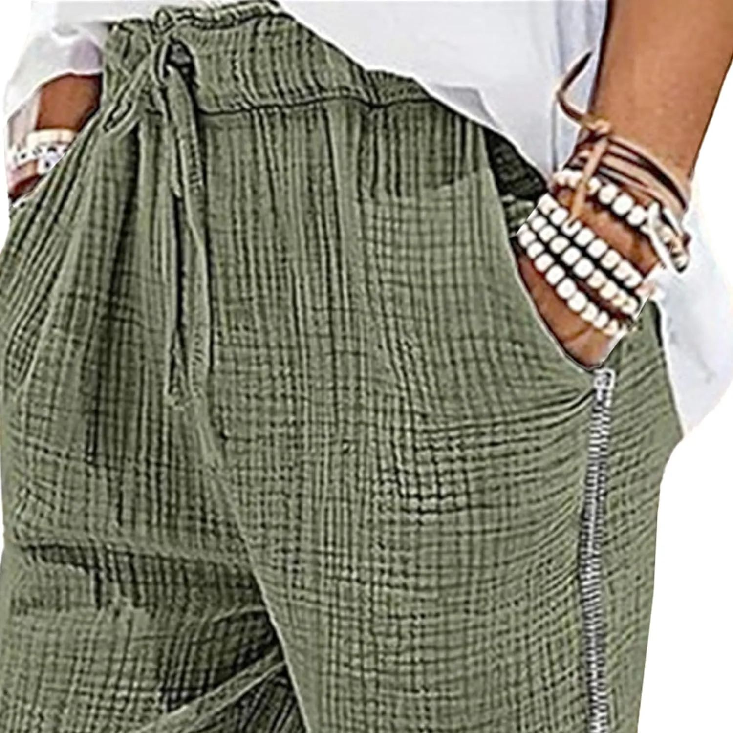 Men's Loose Fit Casual Drawstring Beach Pants Straight Leg Solid Stylish Trousers Cotton Linen Outdoor Summer Pants