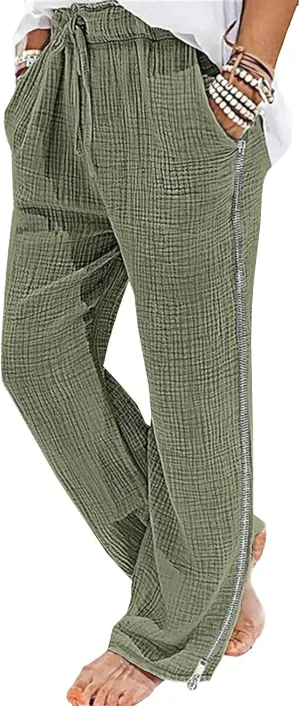 Men's Loose Fit Casual Drawstring Beach Pants Straight Leg Solid Stylish Trousers Cotton Linen Outdoor Summer Pants