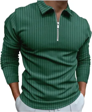 Men's Muscle T Shirt Stretch Long Sleeve Workout Shirts Slim Fit Casual Plain Tees Stylish Quarter Zip Polo Shirt