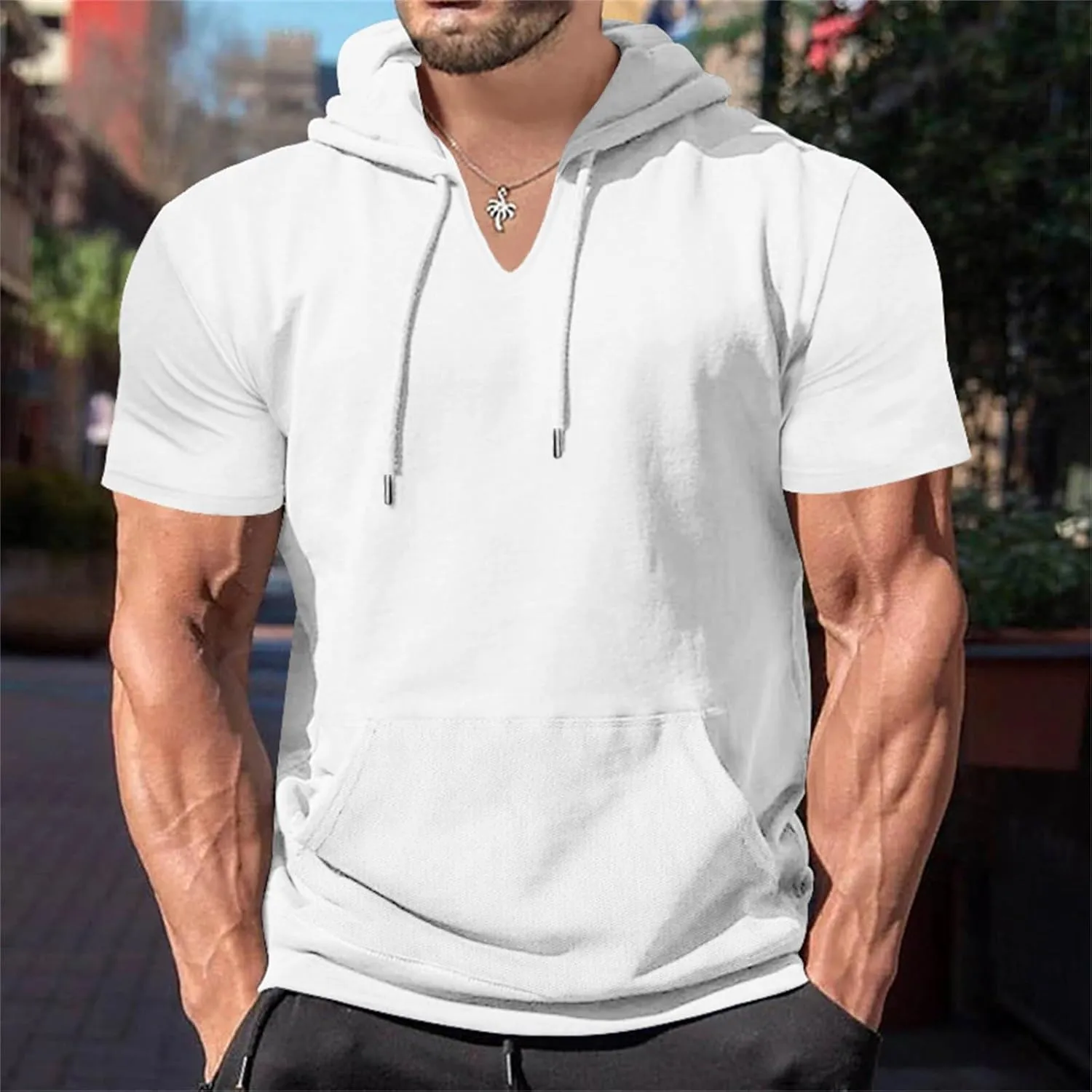 Mens Short Sleeve Hoodie Workout Gym Sweatshirts Casual Lightweight Athletic Muscle Hoodies Pullover Cotton Hooded T-Shirts
